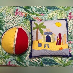 Pottery Barn Kids Colorful Beach Themed 16” x 16” Pillow & Ball “Surf Shack” Set